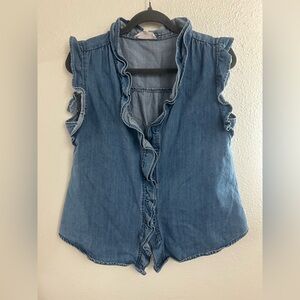 Mazik Sleeveless Denim Ruffle Trim Button Up Blouse Women’s size L